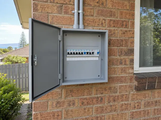 Open outdoor switchboard on a brick exterior wall beside a window in Shelly Beach